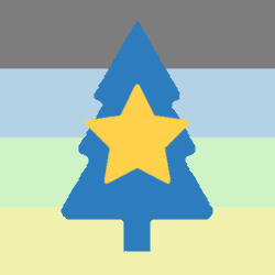 A blue silhouette of a pine tree with a big yellow star atop a gray, blue, green and yellow striped OSDD pride flag.