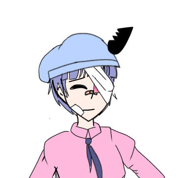 Another young person with pastel purple hair and a pastel blue beanie. There is a half of a broken heart shaped thing sticking off of her beanie. Their right eye is bandaged with a small object underneath. His name is Quartz.